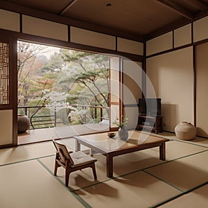 Zen room interior wooden wall on tatami mat floor low table and armchair ing