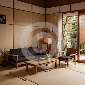 Zen room interior wooden wall on tatami mat floor low table and armchair ing