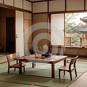 Zen room interior wooden wall on tatami mat floor low table and armchair ing