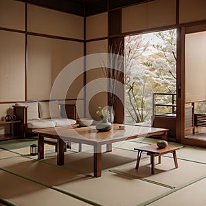 Zen room interior wooden wall on tatami mat floor low table and armchair ing