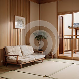 Zen room interior wooden wall on tatami mat floor low table and armchair ing