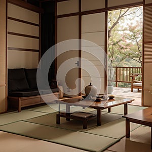 Zen room interior wooden wall on tatami mat floor low table and armchair ing