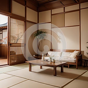 Zen room interior wooden wall on tatami mat floor low table and armchair ing