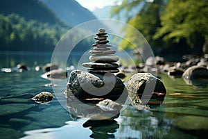 Zen sanctuary, tranquil aura, balanced stones, serene nature setting, meditative ambiance