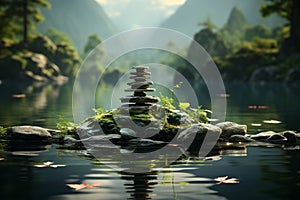 Zen sanctuary, tranquil aura, balanced stones, serene nature setting, meditative ambiance