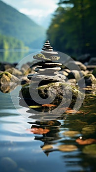 Zen sanctuary, tranquil aura, balanced stones, serene nature setting, meditative ambiance