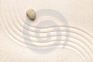 Zen sand and stone garden with raked curved lines. Simplicity, c