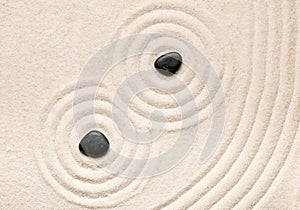 Zen sand and stone garden with raked lines, curves and circles.