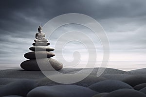 Zen scene, with relaxing stacked stones. Ai generated