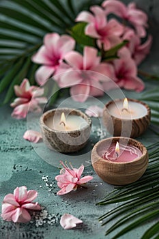 Zen Spa Atmosphere with Aromatic Candle, Stones, and Orchids on Textured Background