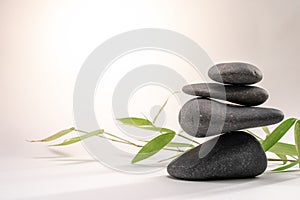 Zen spa basalt stones and green bamboo leaves on white background. Wellness and relaxation.