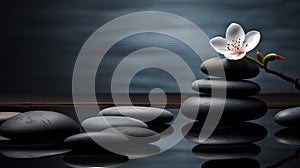 zen spa concept with white flower and pebbles on black background. 3 d rendering illustration, 3 d illustration
