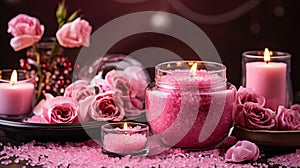 Zen spa with rose crystals, sea pink salt, and candle decor for ultimate relaxation
