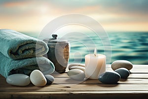 Zen spa still life with balanced sea stones, candle, and towel on wooden table, relaxation concept