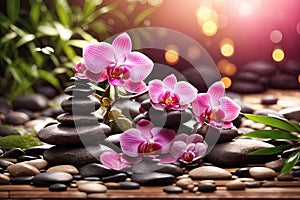 Zen spa stones with pink orchid and bamboo. ai generative