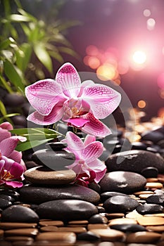 Zen spa stones with pink orchid and bamboo. ai generative