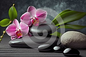 Zen Spa Stones With Pink Orchid And Bamboo. Generative AI