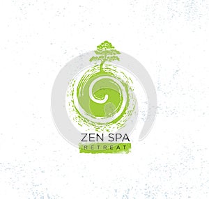 Zen Spa Wellness Holistic Retreat Organic Sign Concept. Tree On The Swirl Illustration On Rough Textured Background