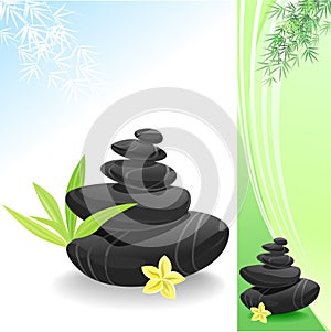 Zen Spa World with Black Stones and Bamboo Leaves