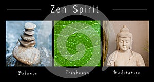 Zen spirit - collage with text :, Balance, Freshness and Meditation