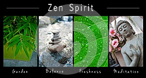 Zen spirit - collage with text : Garden, Balance, Freshness and Meditation