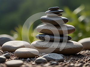 Zen stacked stones on nature background.