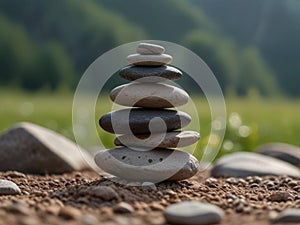 Zen stacked stones on nature background.