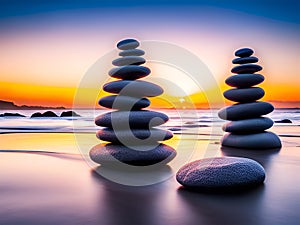 Zen stone in balance in peaceful landscape - AI generated