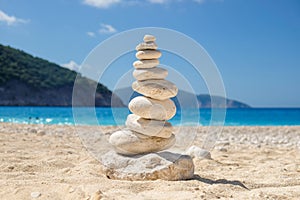 Zen stone balancing on a beach in Greece