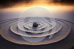 Zen stone in circular sand patterns at sunrise photo
