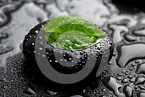 Zen stone and leaf with water drops