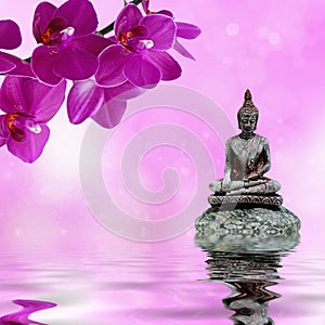 Zen stone,orchid flowers and Buddha reflected in water