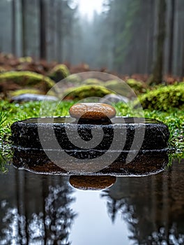 Zen stone with reflection in a tranquil forest.
