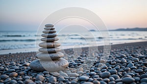Zen Stone Stack on Pebble Beach at Sunset