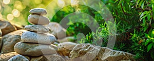 Zen stone stack with sunlight and green foliage