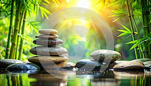 Zen stone stack in tranquil bamboo forest with sun rays and water reflection stones