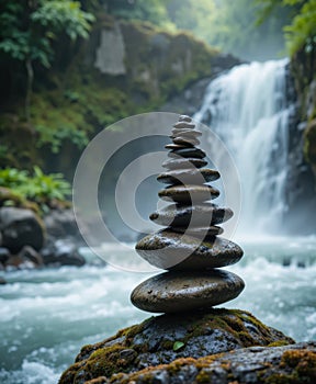 Zen Stone Stack by Waterfall in Lush Forest