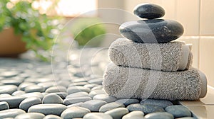 Zen Stone Tower on Rolled Towels at a Wellness Spa