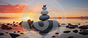 Zen Stones Atop Beach, Sunset, And Ocean Backdrop