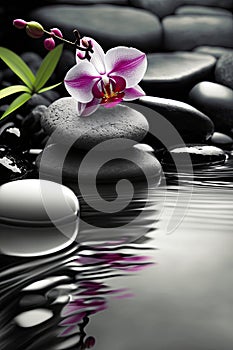 zen stones on a background of water and bamboo and orchid flowers.