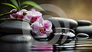 zen stones on a background of water and bamboo and orchid flowers.