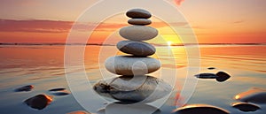 Zen Stones Balance On Beach During Peaceful Sunset