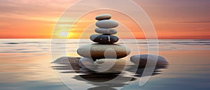 Zen Stones Balance On Beach During Peaceful Sunset