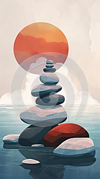 Zen stones balance at sunset