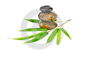 Zen stones with bamboo leaves isolated on white