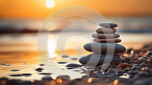 Zen stones on the beach at sunset, concept of balance and harmony