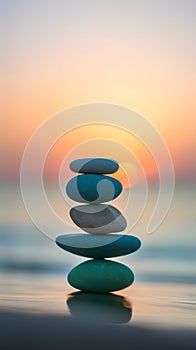 zen stones on the beach at sunset, concept of harmony and balance