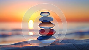 zen stones on the beach at sunset, concept of harmony and balance