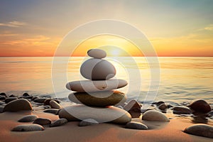 Zen stones beach sunset. Generate Ai