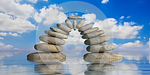 Zen stones on blue sea and sky background. 3d illustration